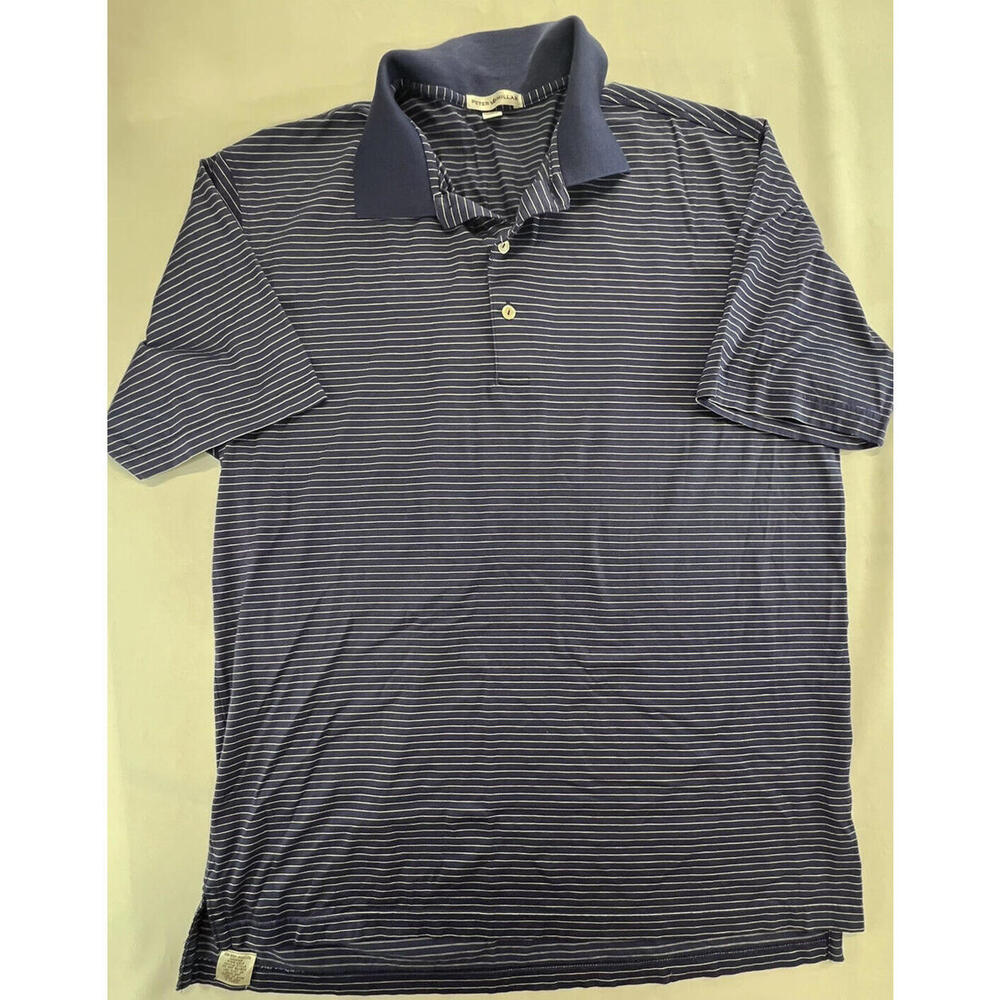 Peter Millar Mens Blue Striped Polo 3 Button Shirt Short Sleeve Size L